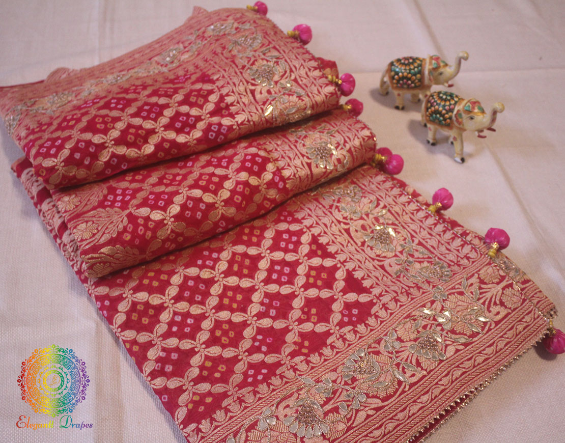 Rani Pink Pure Banarasi Georgette Bandhani Gota Embroidered Saree