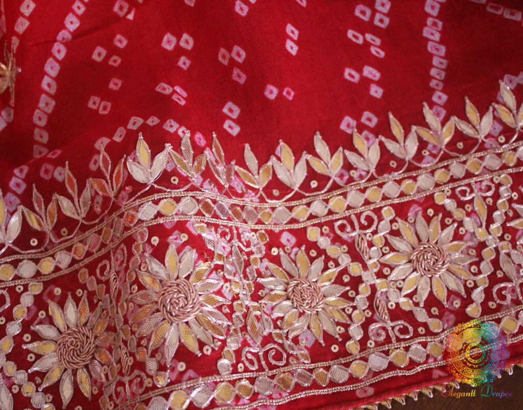 Red Gota Hand Embroidery Pure Rai Bandhej Saree