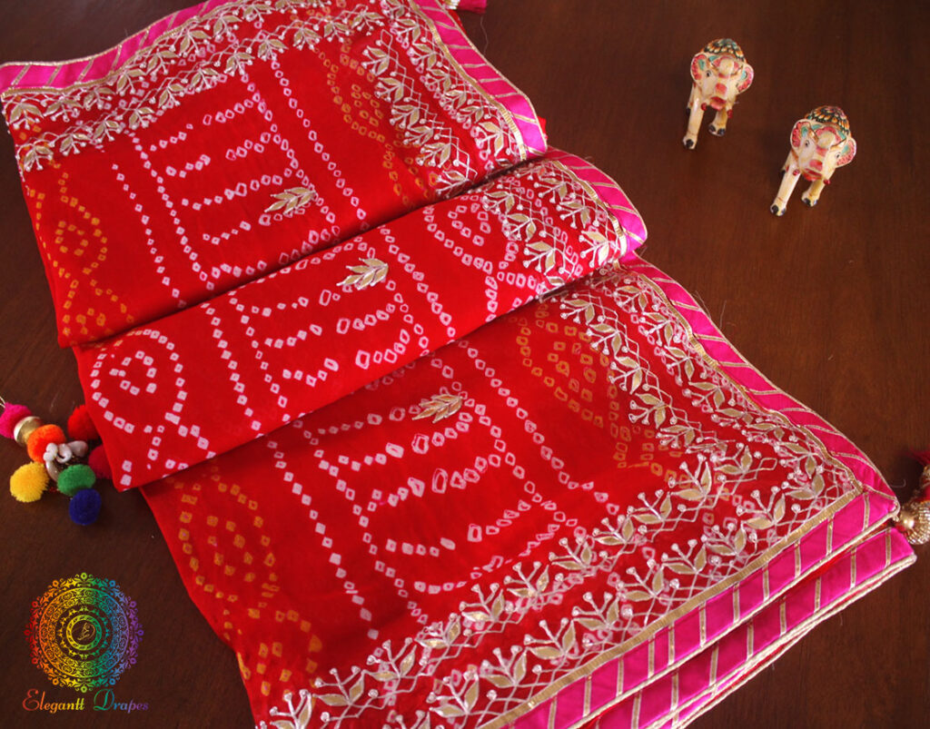 Red Pink Gota Patti Handwork Pure Rai Bandhej Saree