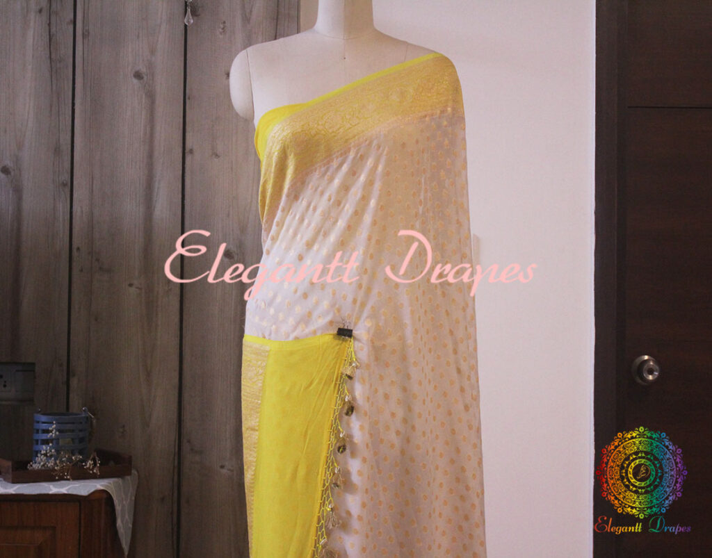 White Yellow Banarasi Handloom Pure Khaddi Georgete Saree