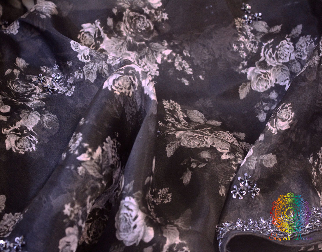 Black Floral Printed Pure Organza Cutdana Handwork Saree