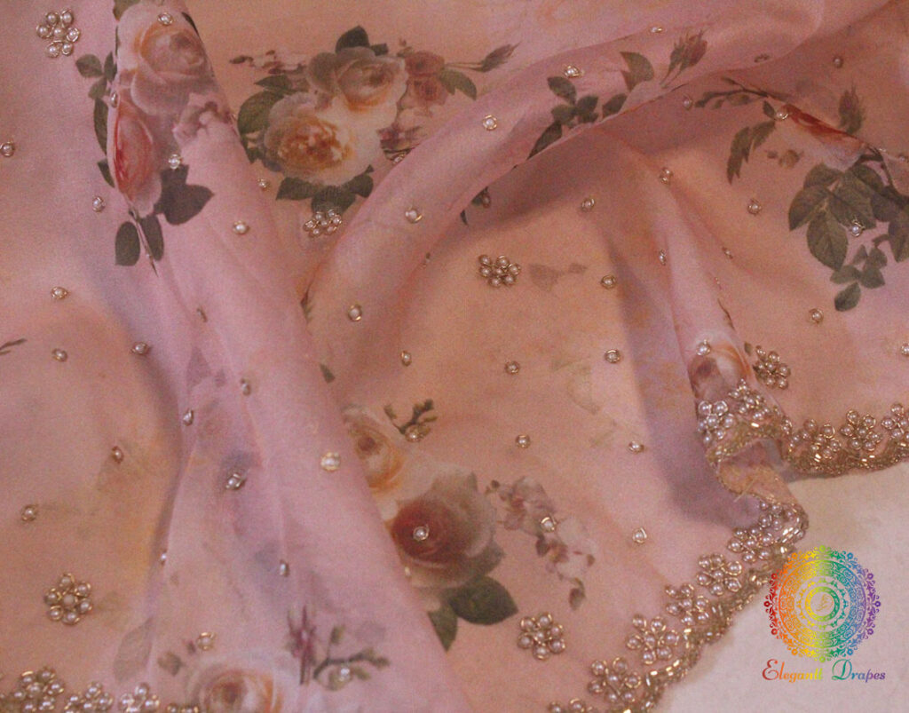 Blush Pink Floral Printed Pure Organza Handwork Saree