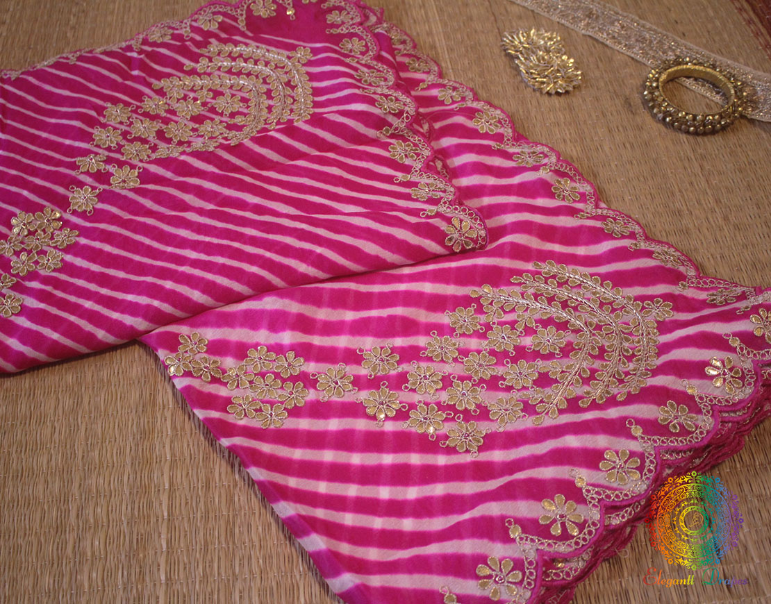 Pink Leharia Gota Patti Handwork Scalloped Border Saree
