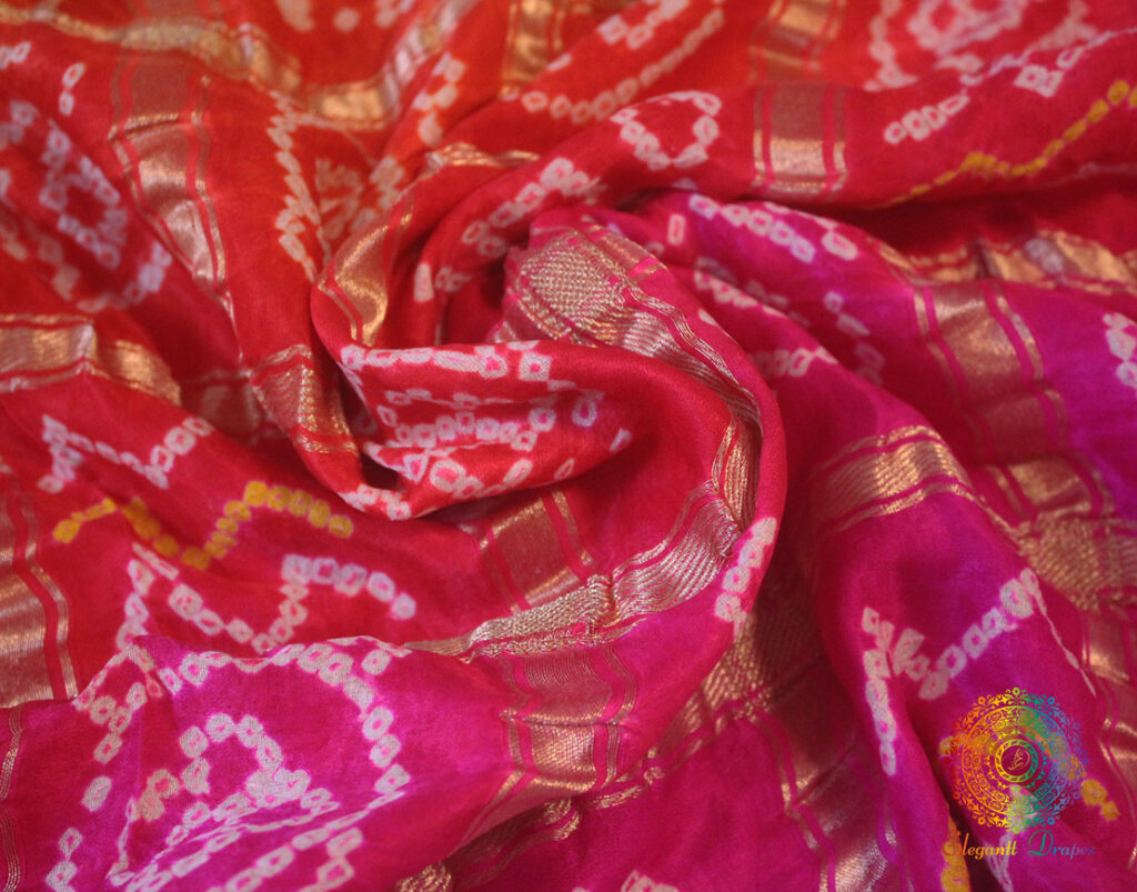 Pink Orange Shaded Gharchola Pure Gaji Silk Bandhani Saree
