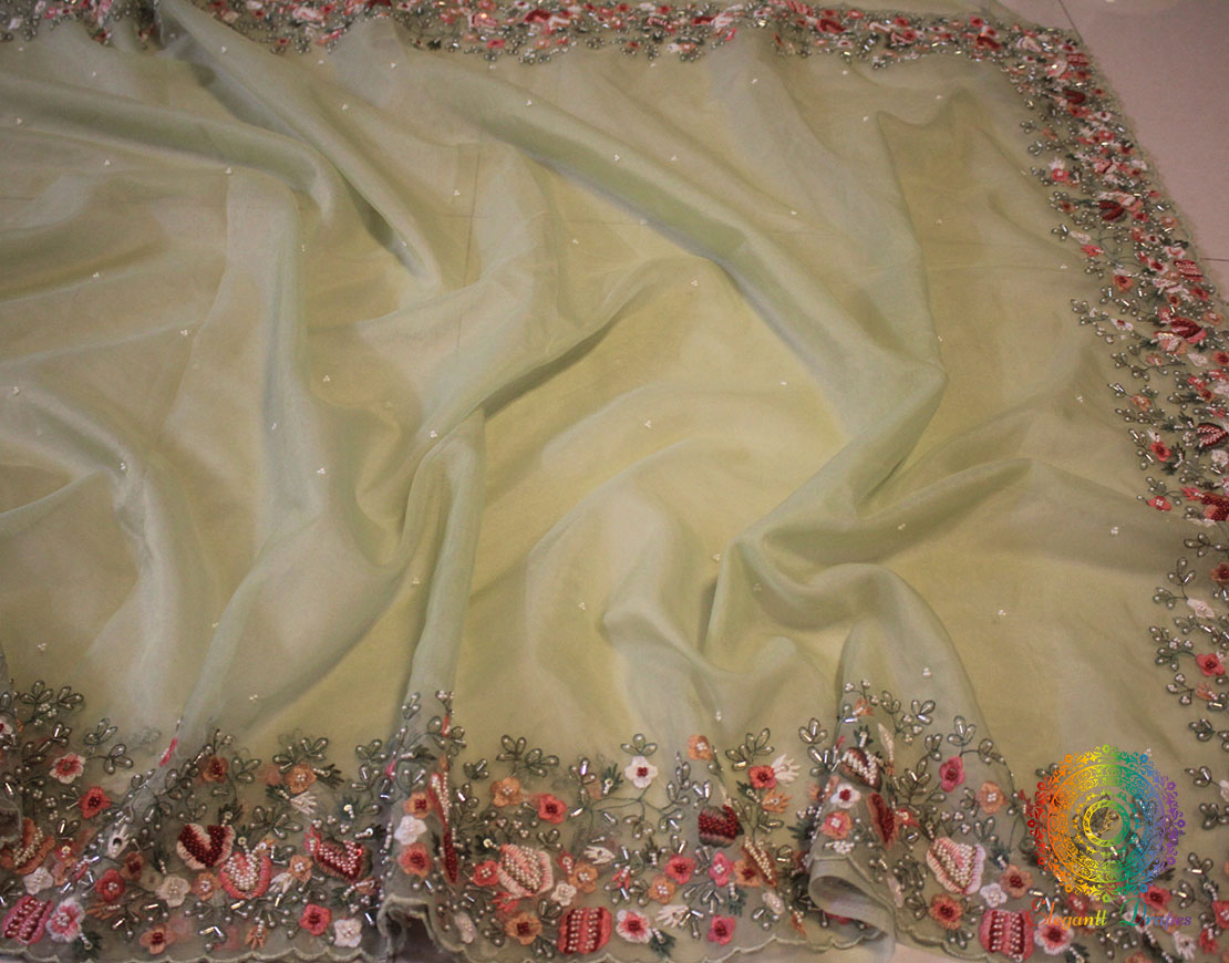 Pista Green Pure Organza Silk Hand Embroidered Saree