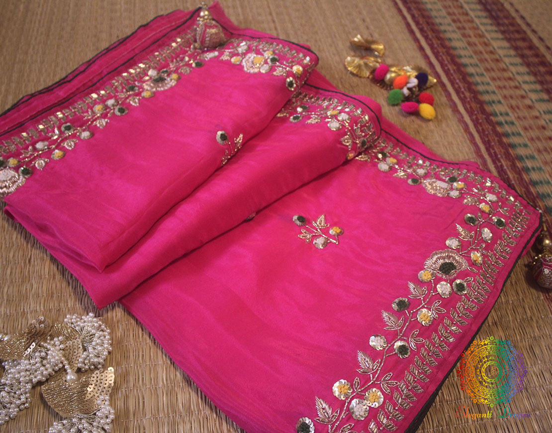 Rani Pink Soft Tussar Silk Zardozi Handwork Saree