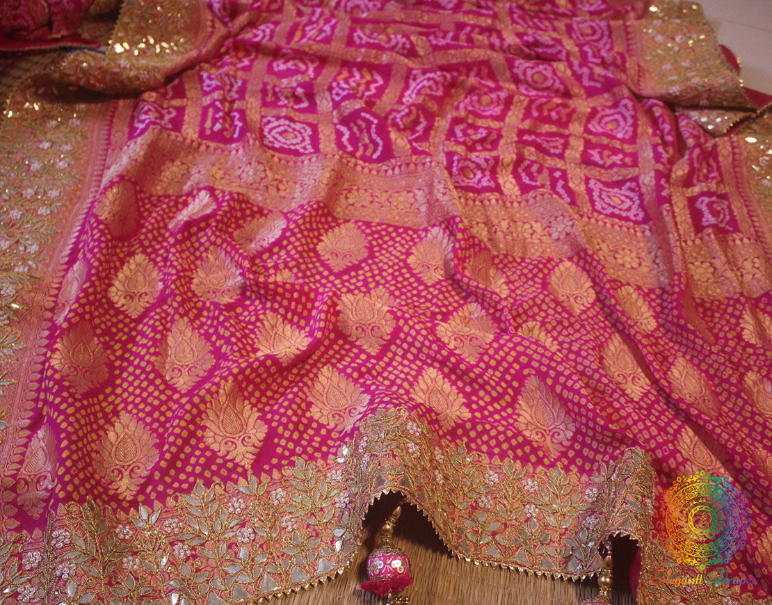 Rani Pink Banarasi Georgette Bandhani Gota Embroidered Saree