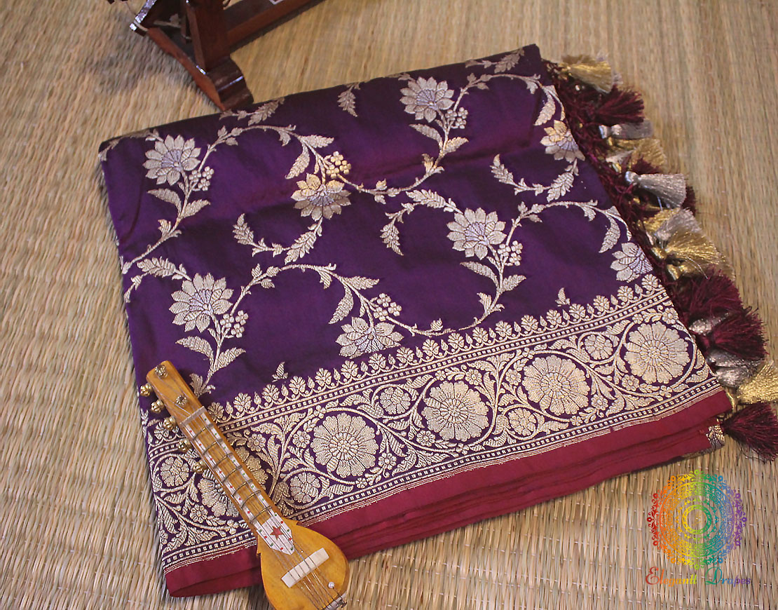 Purple Banarasi Handloom Pure Katan Silk Jungla Dupatta