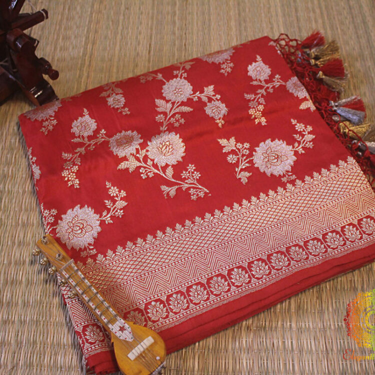 Red Banarasi Handloom Pure Katan Silk Jungla Dupatta