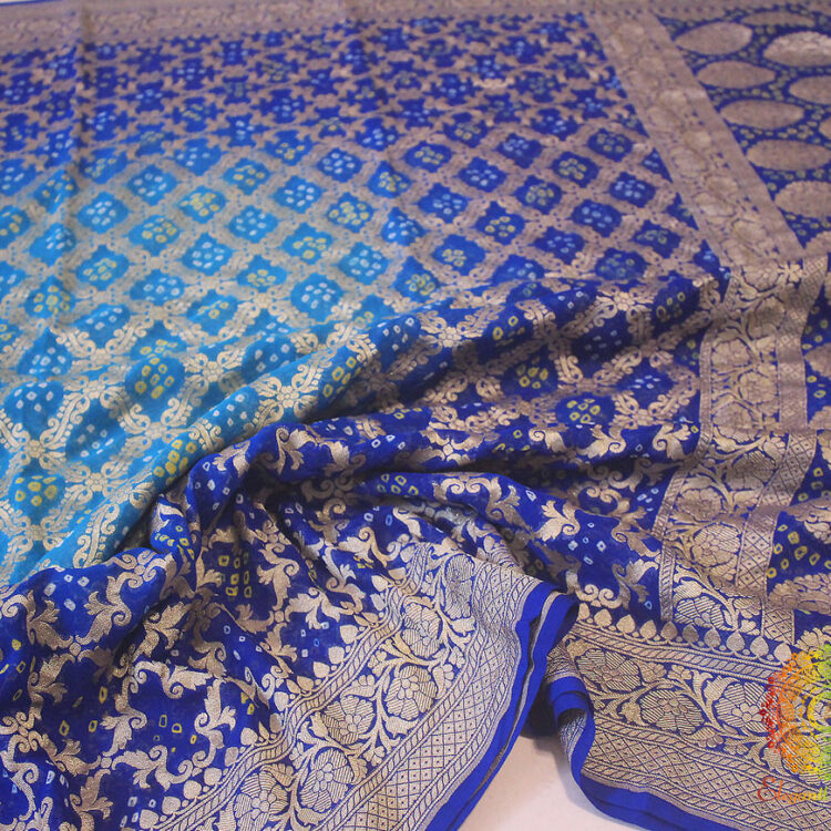 Shaded Blue Pure Banarasi Khaddi Georgette Bandhani Saree
