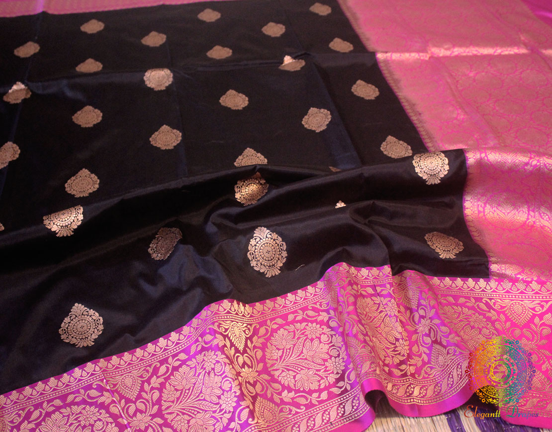 Black Magenta Pure Banarasi Katan Silk Kadhuwa Saree