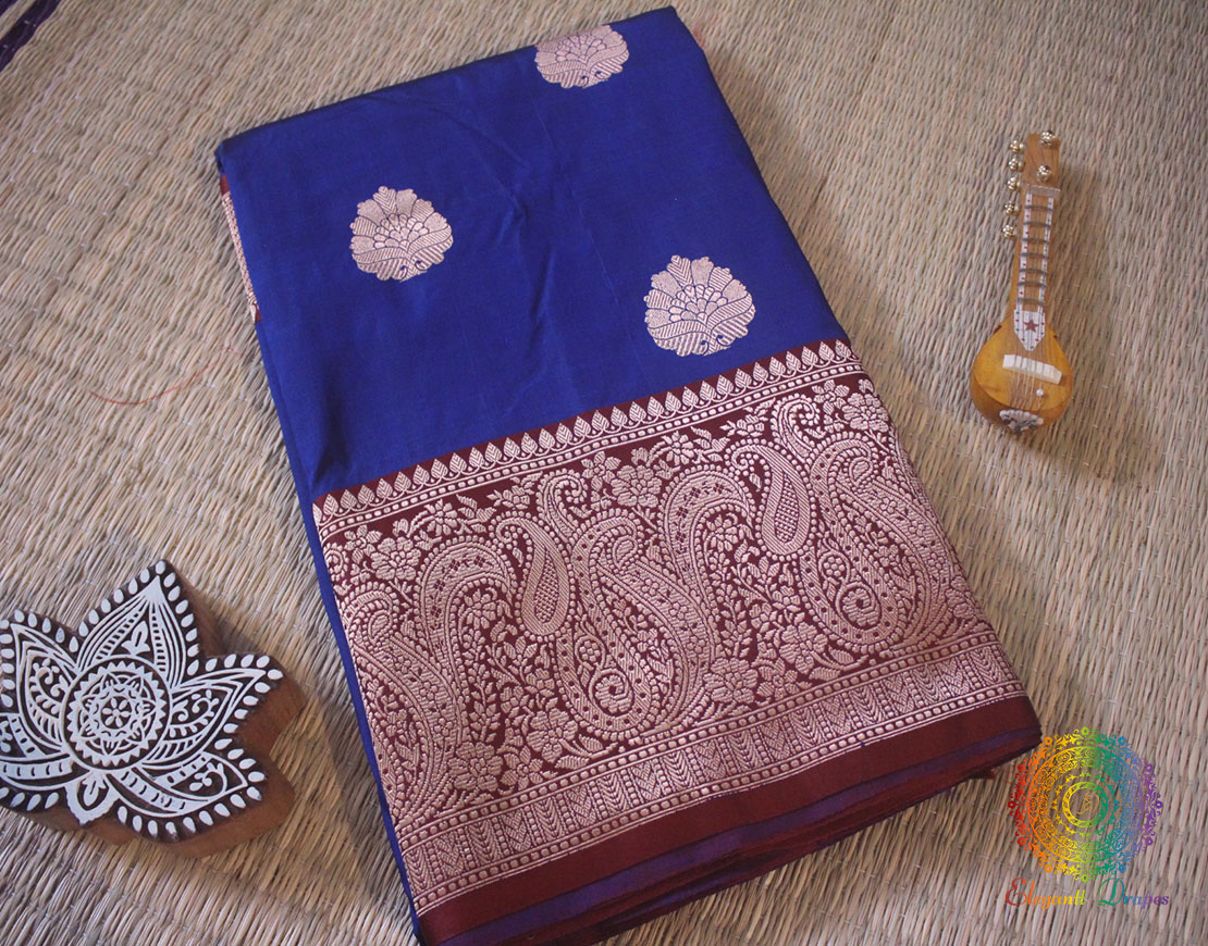 Blue Maroon Pure Banarasi Katan Silk Kadhuwa Saree
