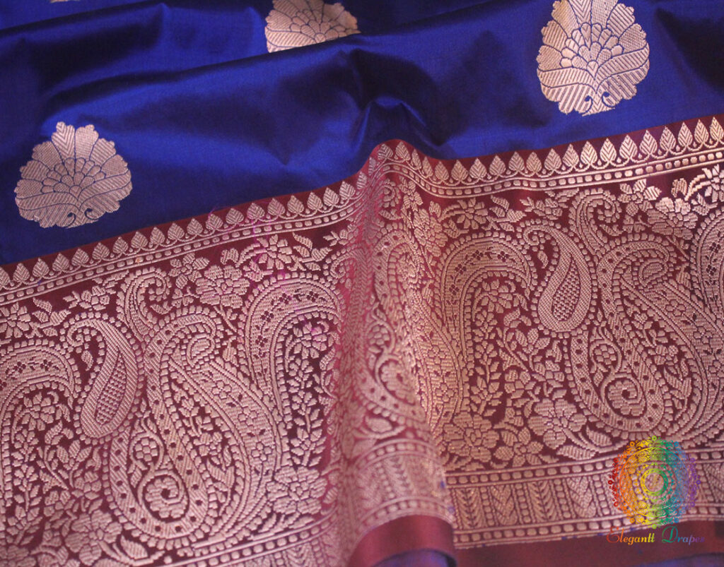 Blue Maroon Pure Banarasi Katan Silk Kadhuwa Saree