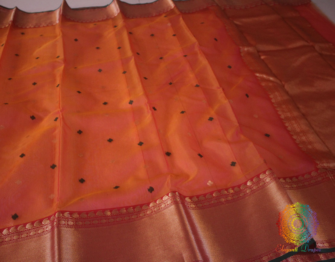 Orange Pink Pure Chanderi Handloom Katan Silk Saree