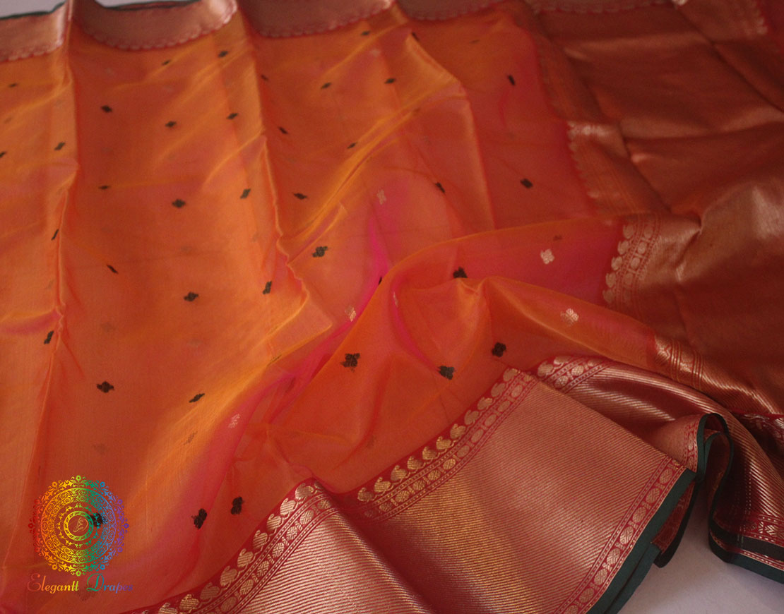 Orange Pink Pure Chanderi Handloom Katan Silk Saree