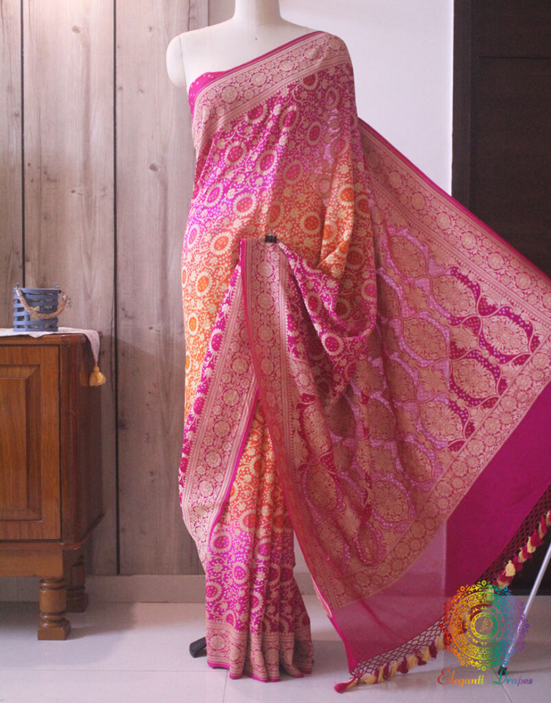 Pink Orange Pure Banarasi Khaddi Georgette Bandhani Saree