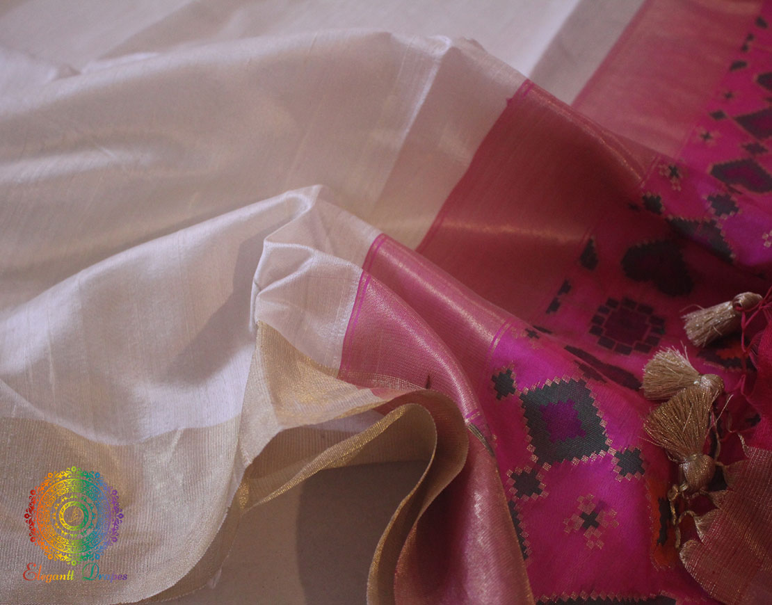 White Banarasi Handloom Pure Tussar Silk Patola Saree