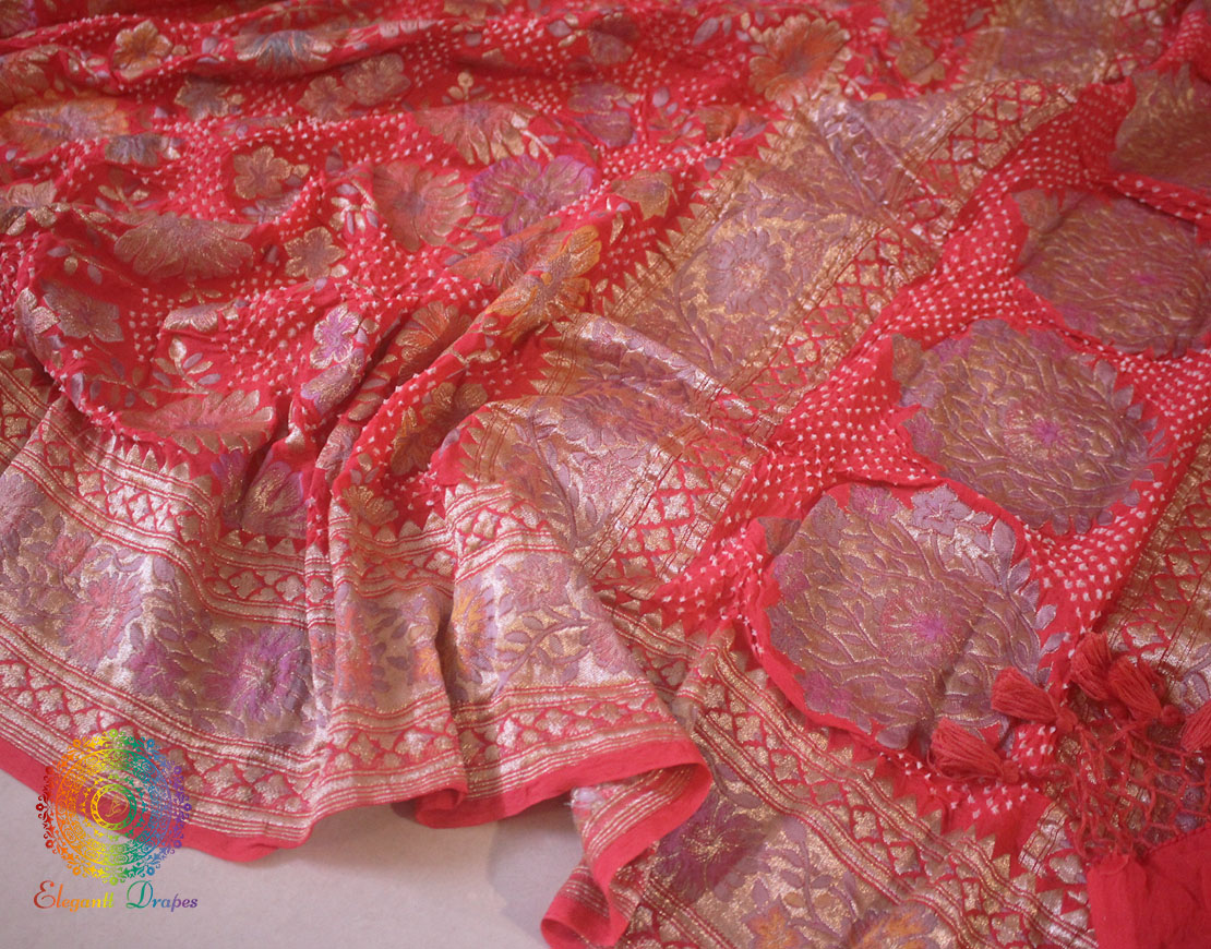 Coral Pink Banarasi Handloom Georgette Bandhej Dupatta