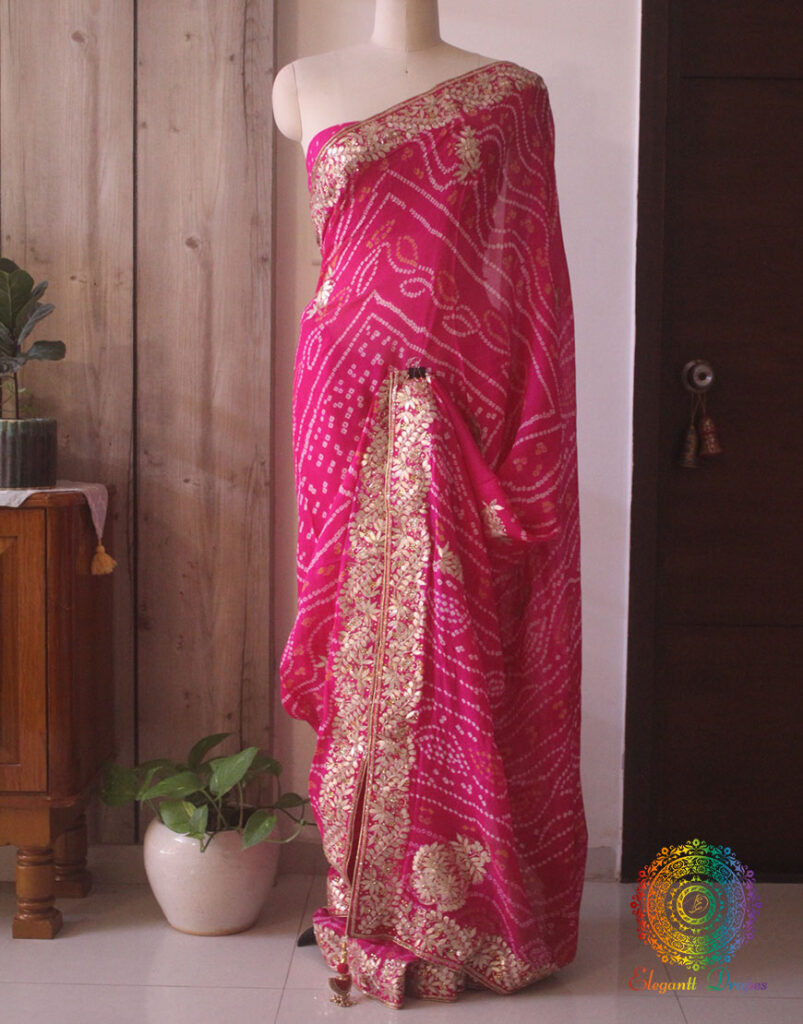 Pretty Pink Pure Crepe Rai Bandhej Gota Patti Saree