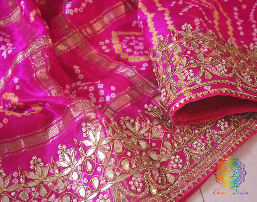 Pink Pure Gaji Silk Bandhani Gota Embroidered Saree