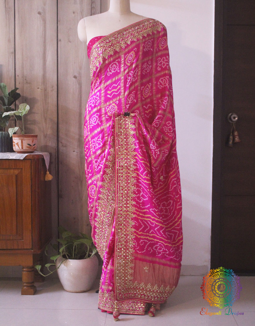 Pink Pure Gaji Silk Bandhani Gota Embroidered Saree