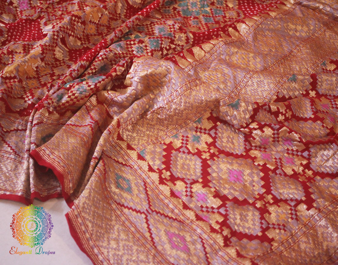 Red Banarasi Handloom Georgette Patola Pattern Bandhani Dupatta
