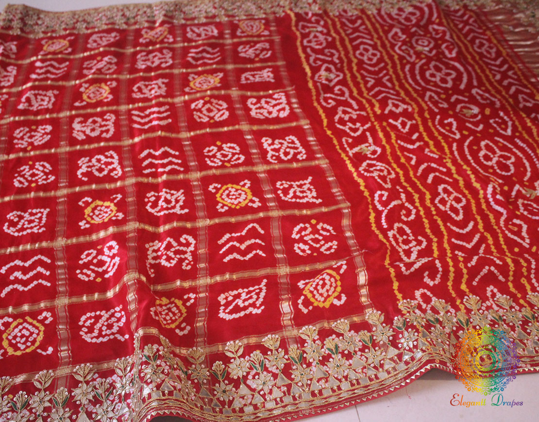 Red Pure Gaji Silk Bandhani Gota Embroidered Saree