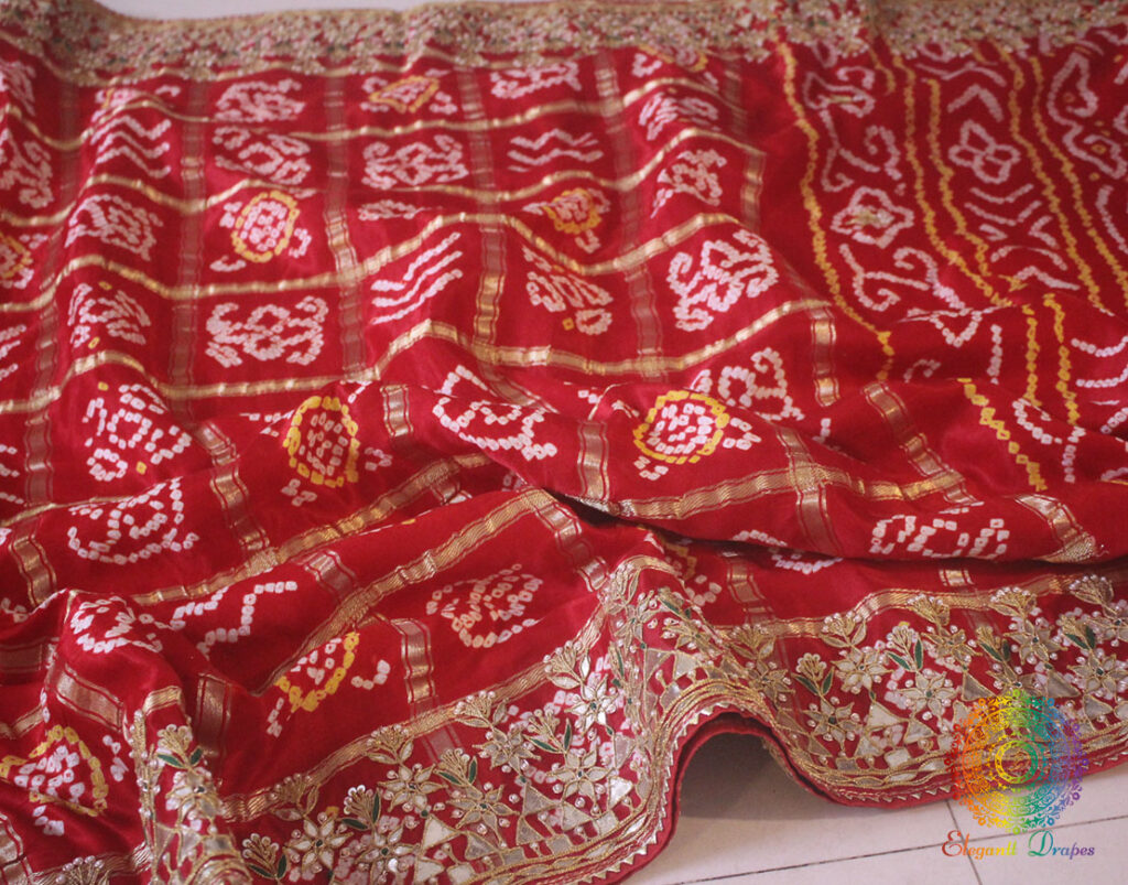 Red Pure Gaji Silk Bandhani Gota Embroidered Saree
