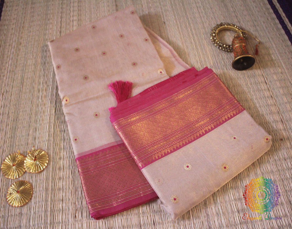 Beige Pink Pure Chanderi Handloom Tissue Silk Saree