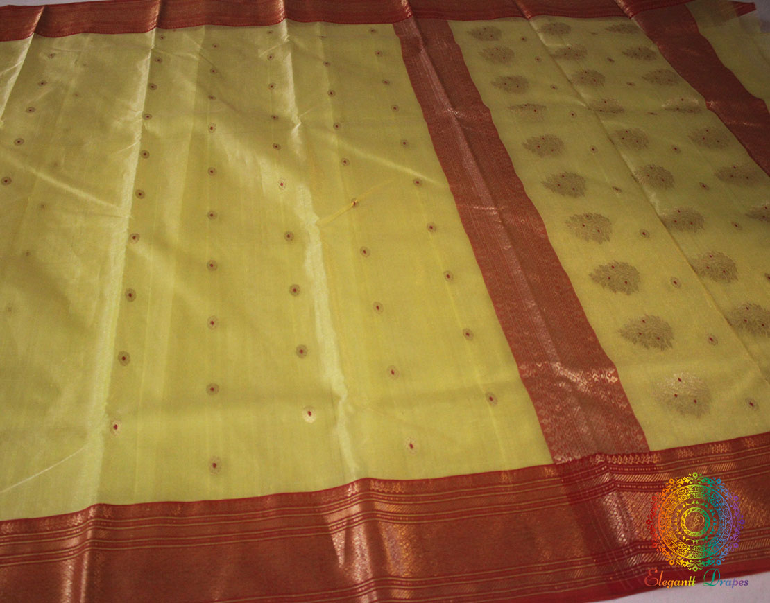 Greenish Yellow Pure Chanderi Handloom Tissue Silk Saree