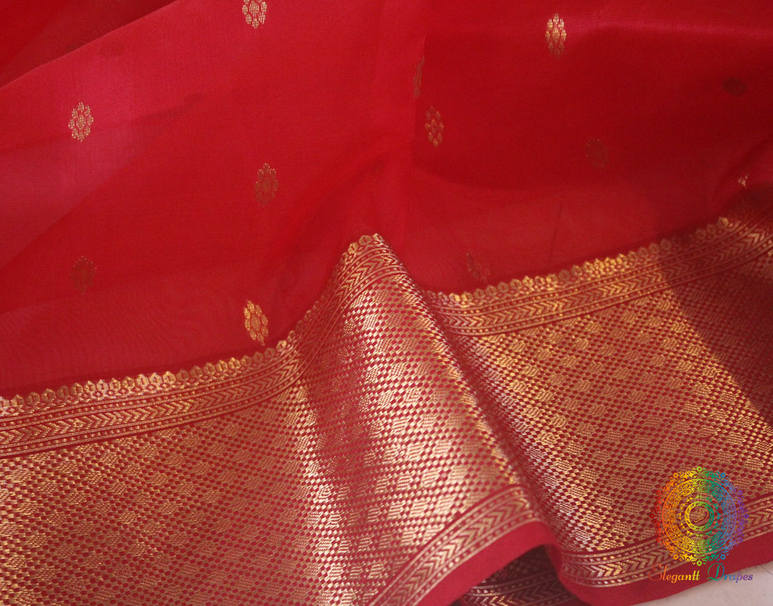 Red Pure Chanderi Handloom Katan Silk Saree