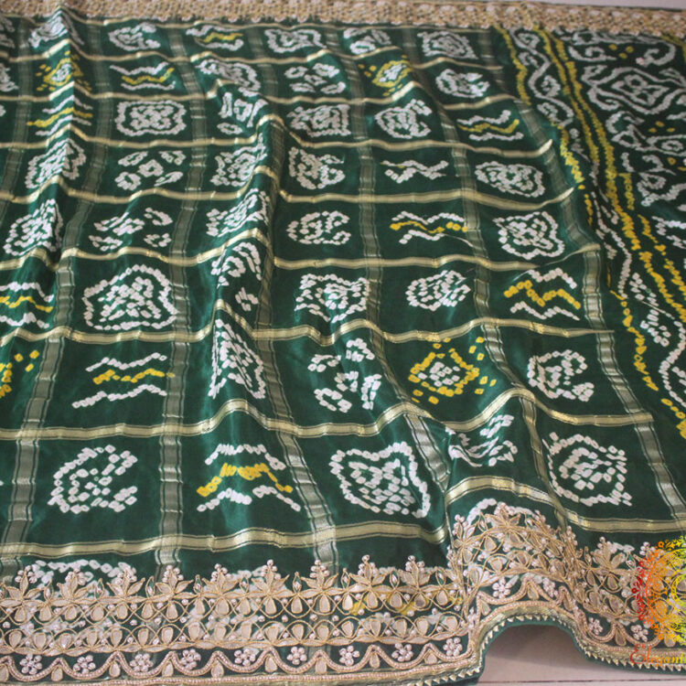 Green Pure Gaji Silk Bandhani Gharchola Gota Patti Saree