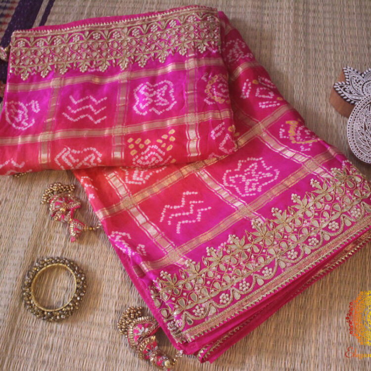 Pink Orange Pure Gaji Silk Bandhani Gota Patti Saree