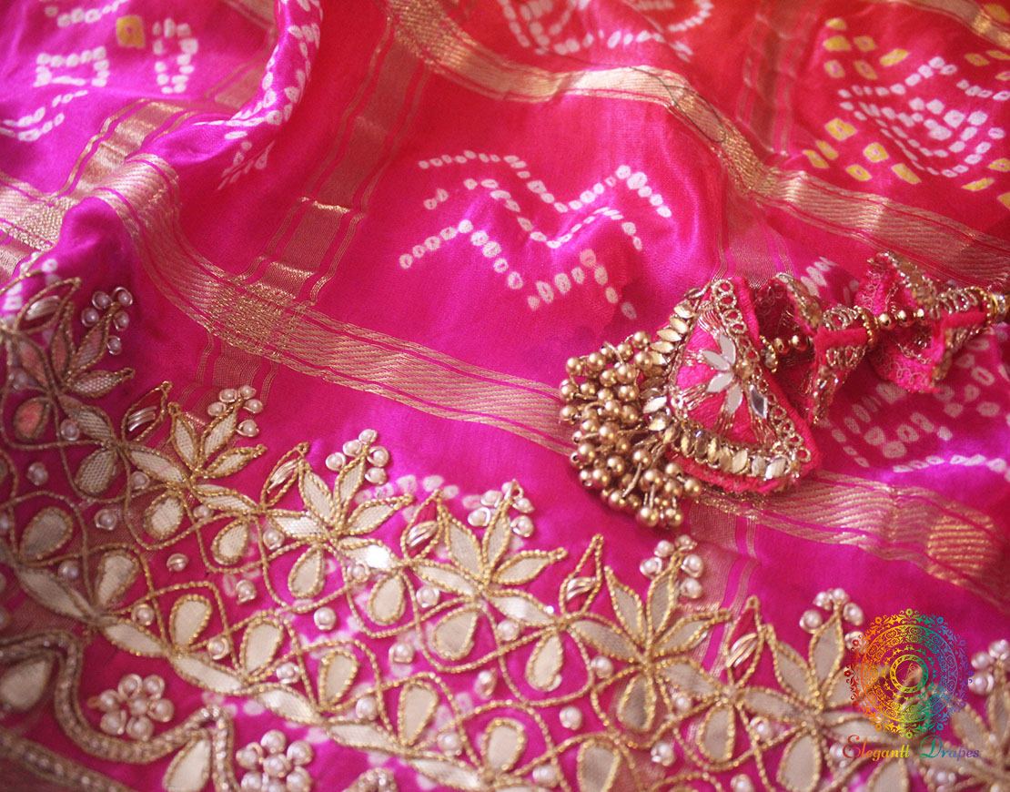 Pink Orange Pure Gaji Silk Bandhani Gota Patti Saree