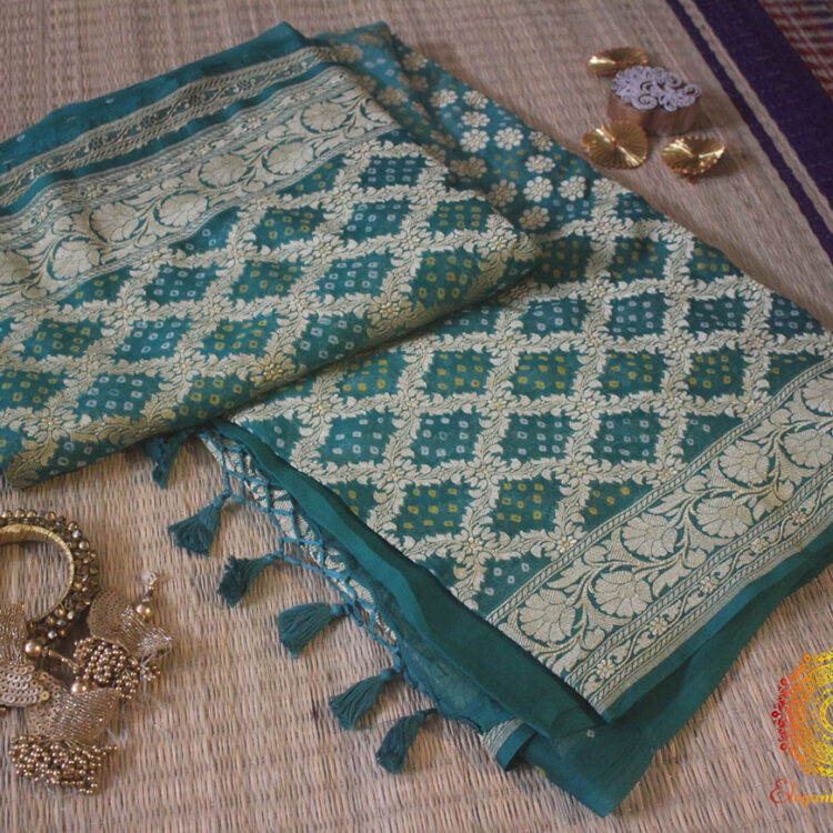 Turquoise Pure Khaddi Georgette Bandhani Banarasi Saree