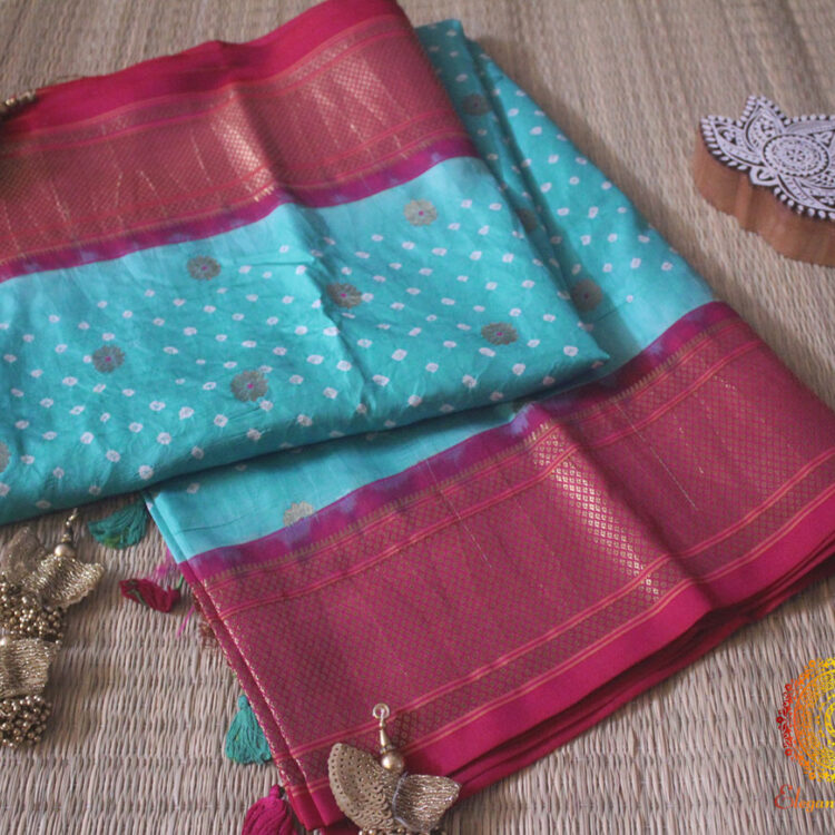 Cyan Pure Paithani Silk Bandhani Saree