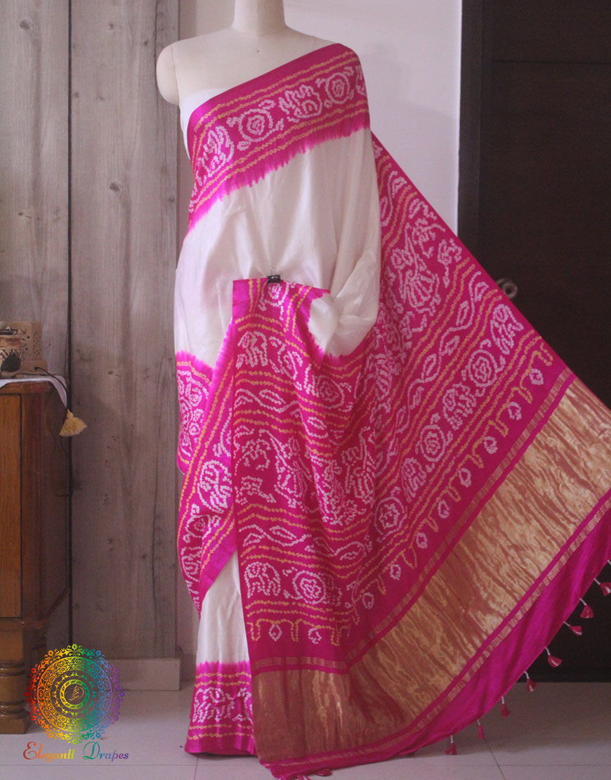 White Pink Pure Gajji Silk Bandhani Saree