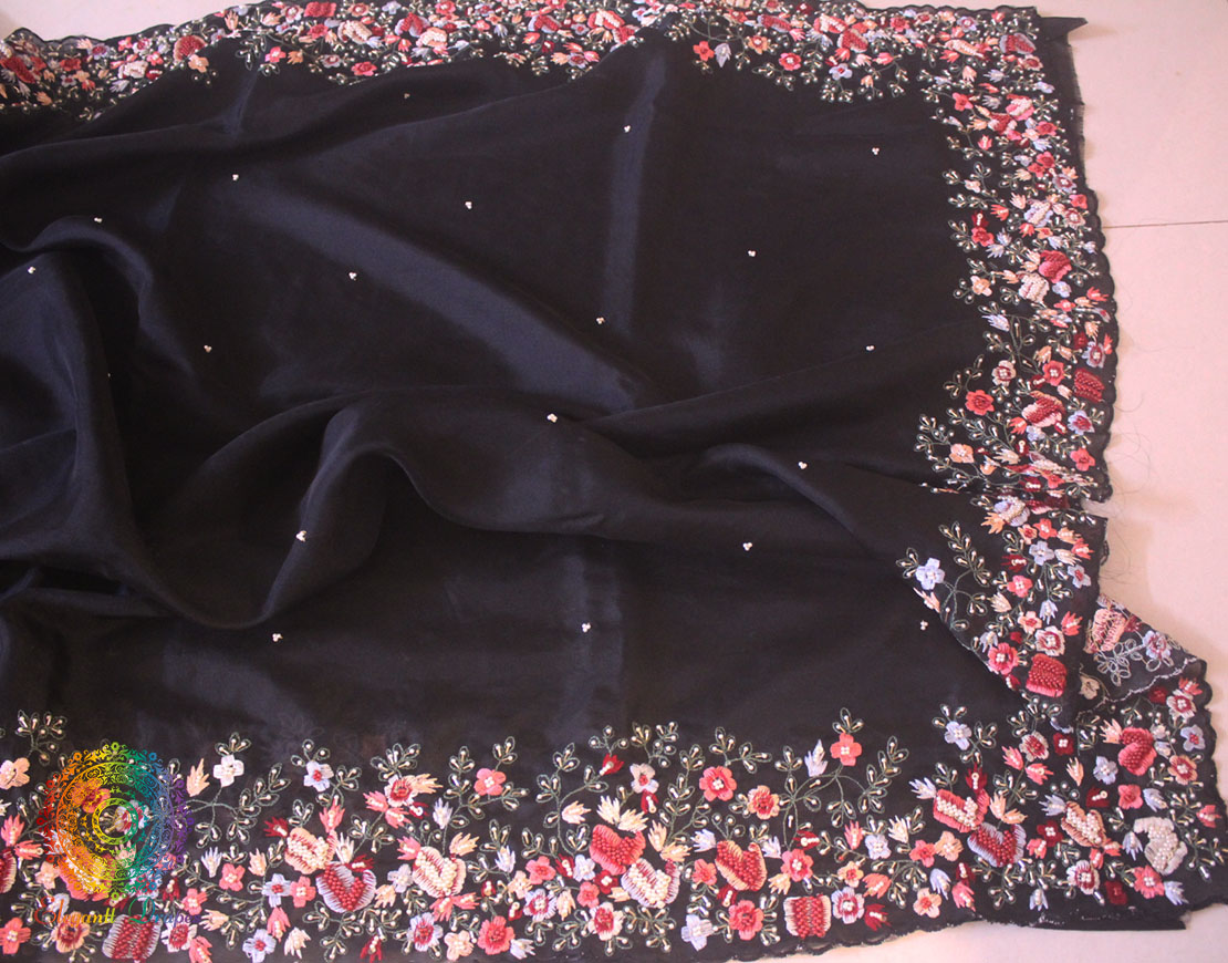 Black Pure Organza Silk Hand Embroidered Saree