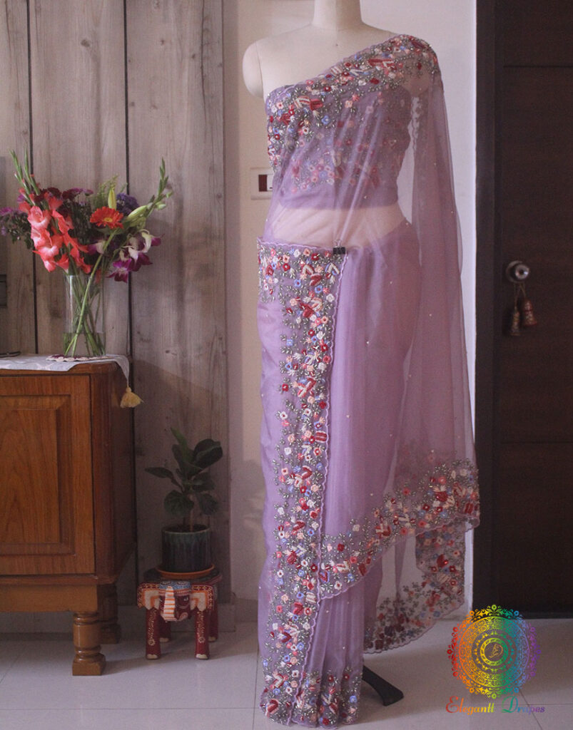 Lilac Pure Organza Silk Hand Embroidered Saree