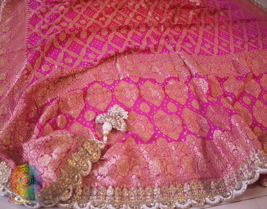 Pink Peach Banarasi Georgete Bandhani Zardozi Border Dupatta