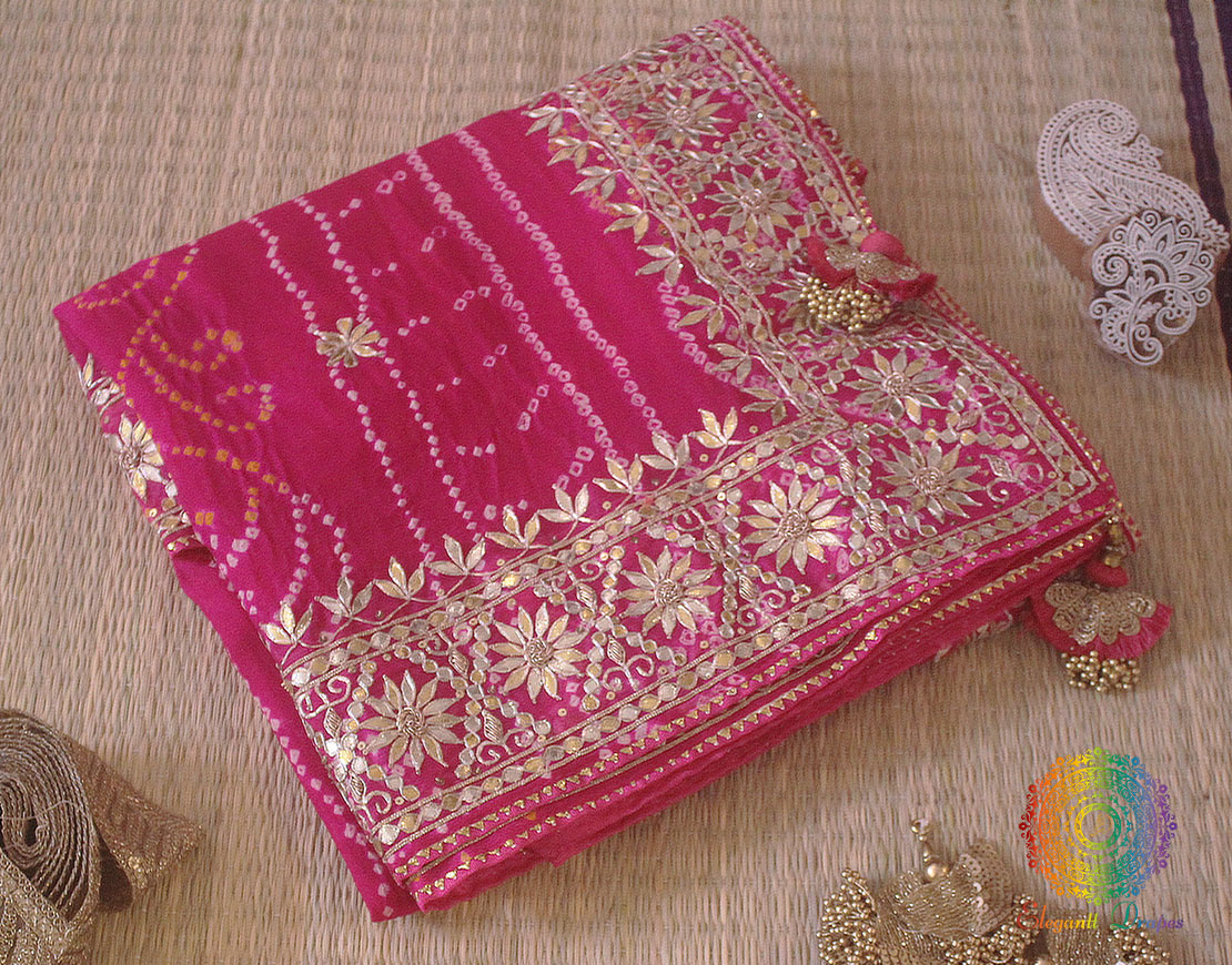 Pink Pure Crepe Bandhani Gota Patti Handwork Saree