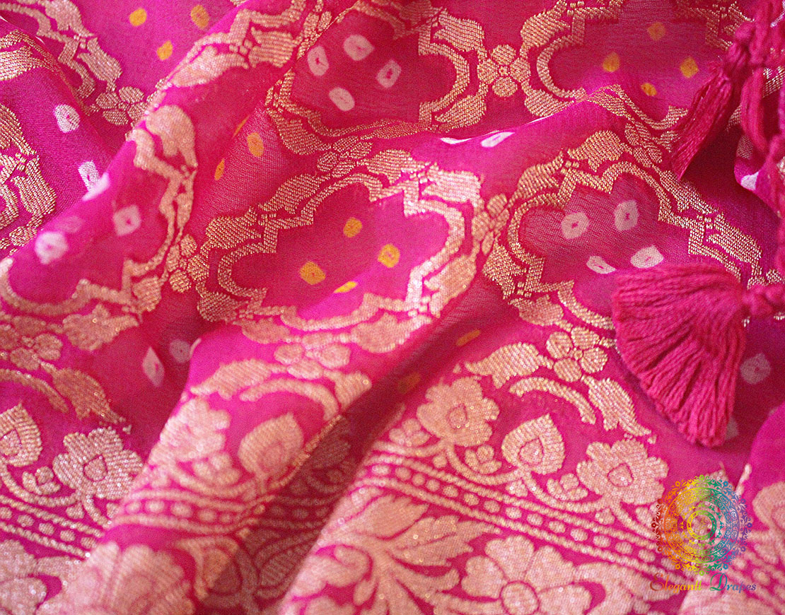 Pink Pure Khaddi Georgette Bandhani Banarasi Saree