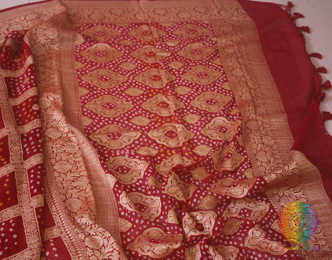 Bridal Red Pure Banarasi Khaddi Georgette Bandhani Saree