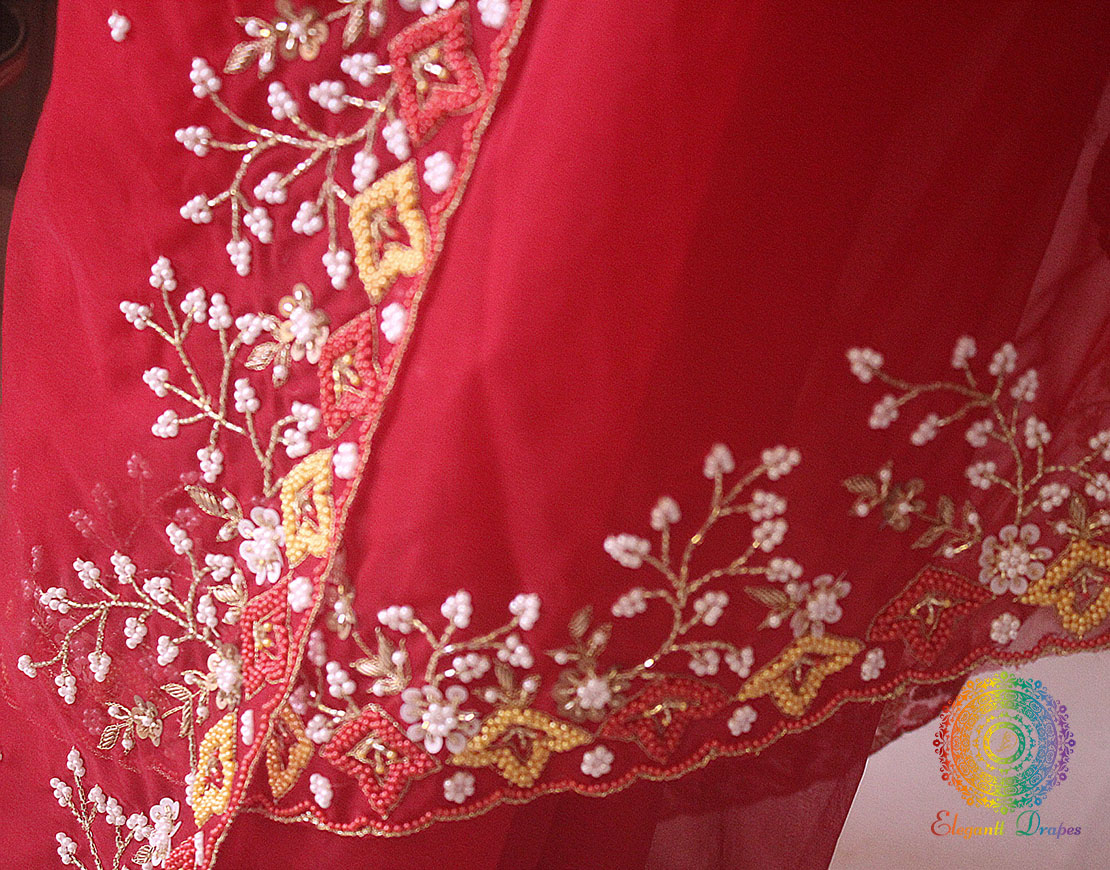 Red Pure Organza Pearl Handwork Saree