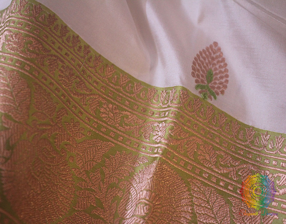 White Green Banarasi Handloom Pure Katan Silk Saree