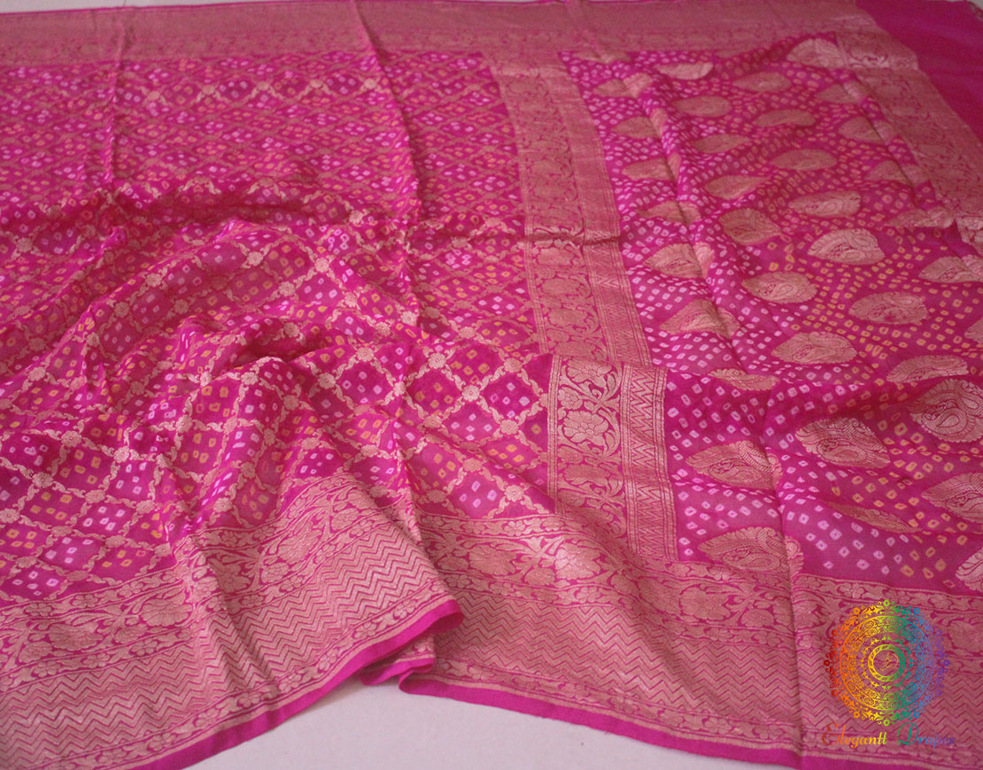 Pink Pure Banarasi Khaddi Georgette Bandhani Saree
