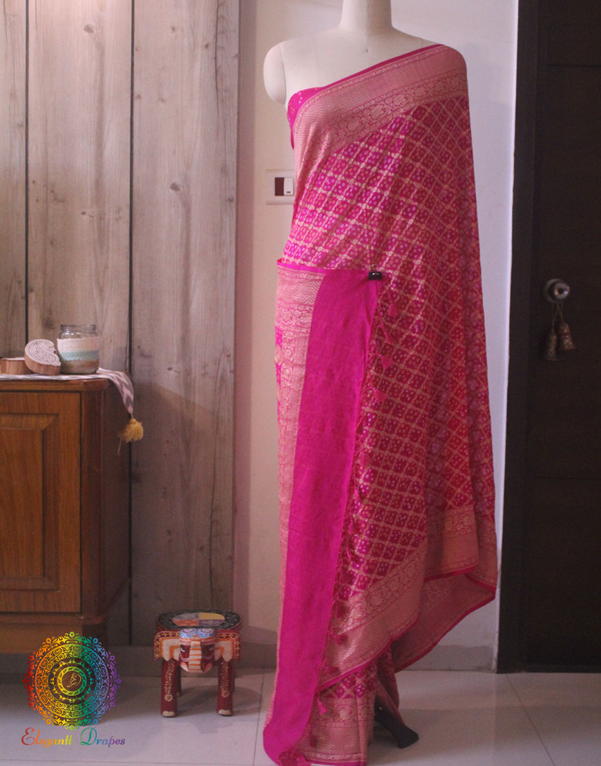 Pink Pure Banarasi Khaddi Georgette Bandhani Saree