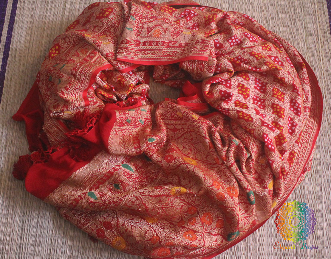 Red Pure Banarasi Khaddi Georgette Doli Pattern Bandhani Saree