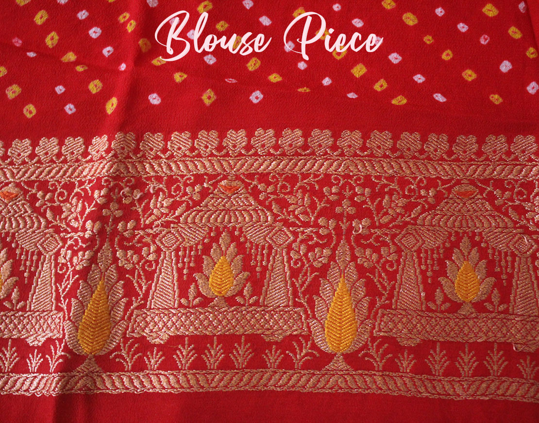 Red Pure Banarasi Khaddi Georgette Doli Pattern Bandhani Saree
