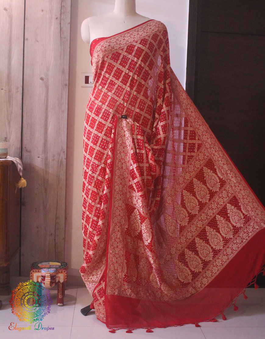 Red Pure Banarasi Khaddi Georgette Bandhani Saree